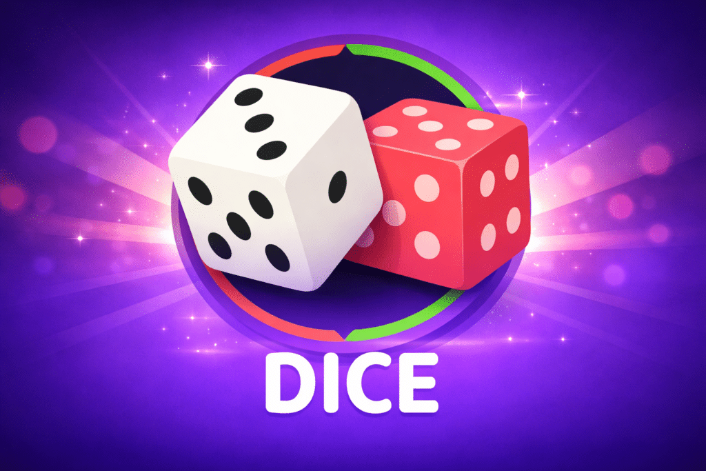 Brightly colored dice against a purple background.