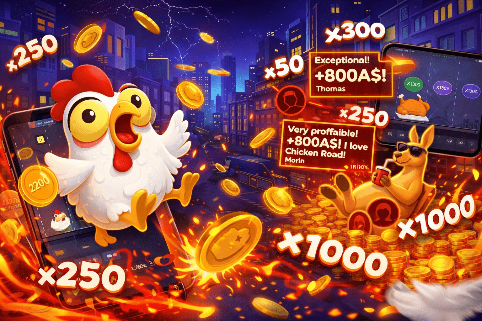 Chickens panic in the middle of the street at night.