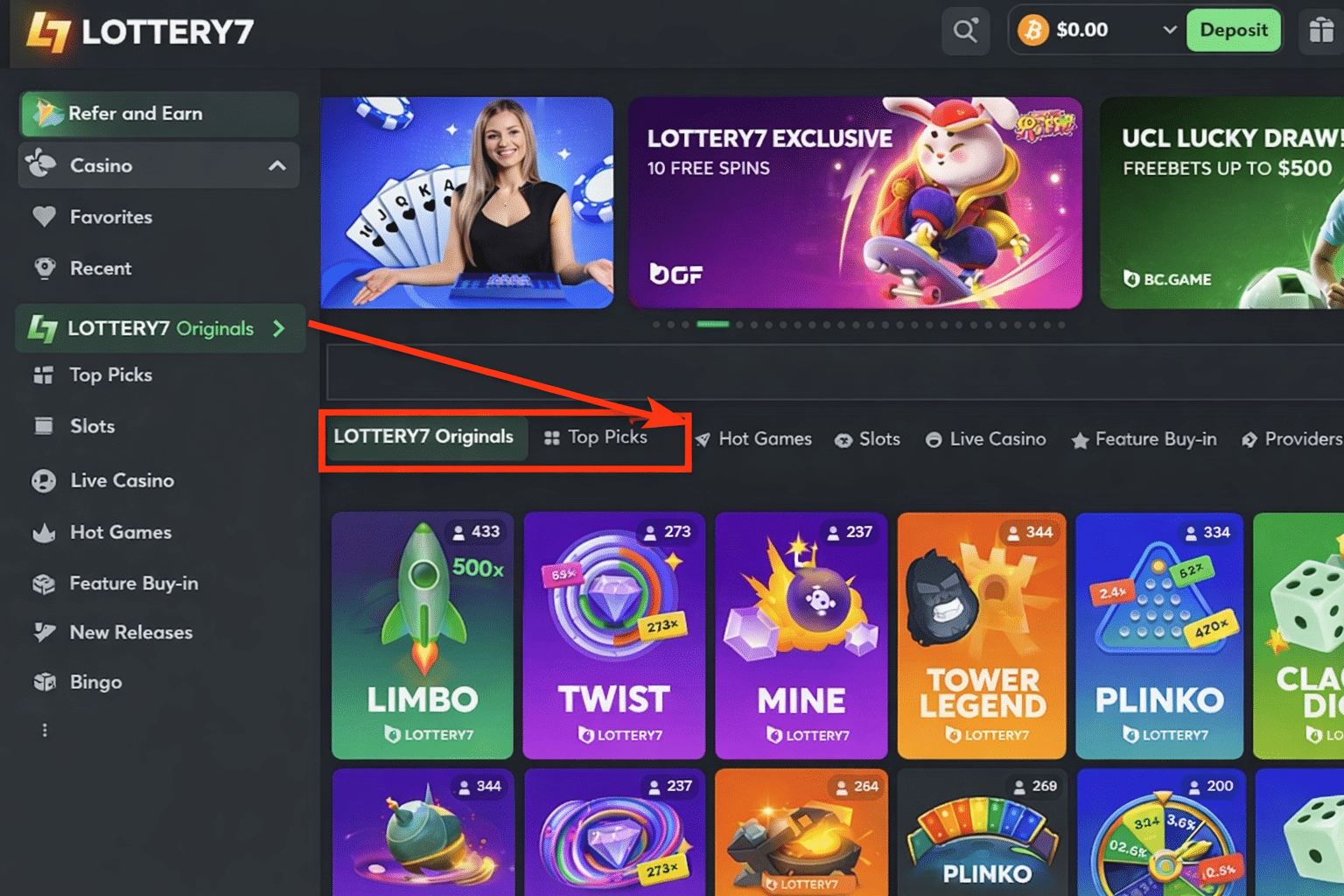 Lottery 7 interface